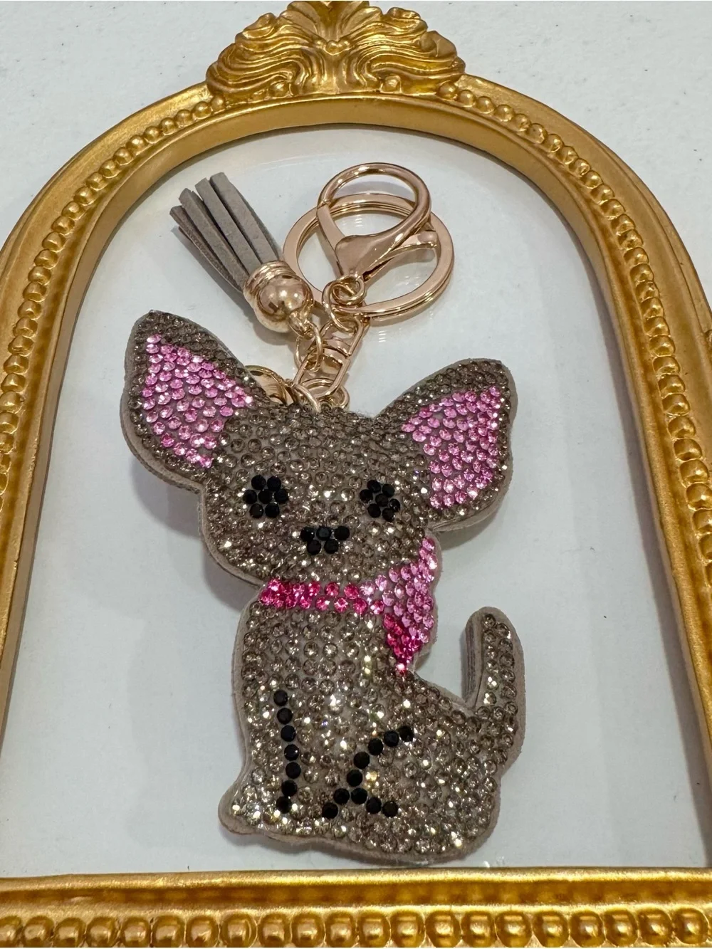 New Crystal Dog  in Pink and Gray Keychain